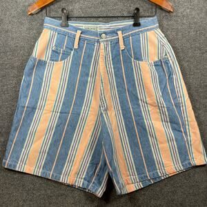 VTG Skoozi Denim Shorts Women's 11 Blue/Pink Striped Mom Casual Made In USA